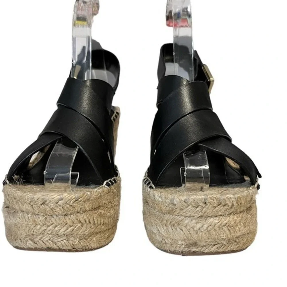 Marc Fisher LTD Wedge Sandals Womens 6.5 Alenni Espadrille Black Leather Jute‎
